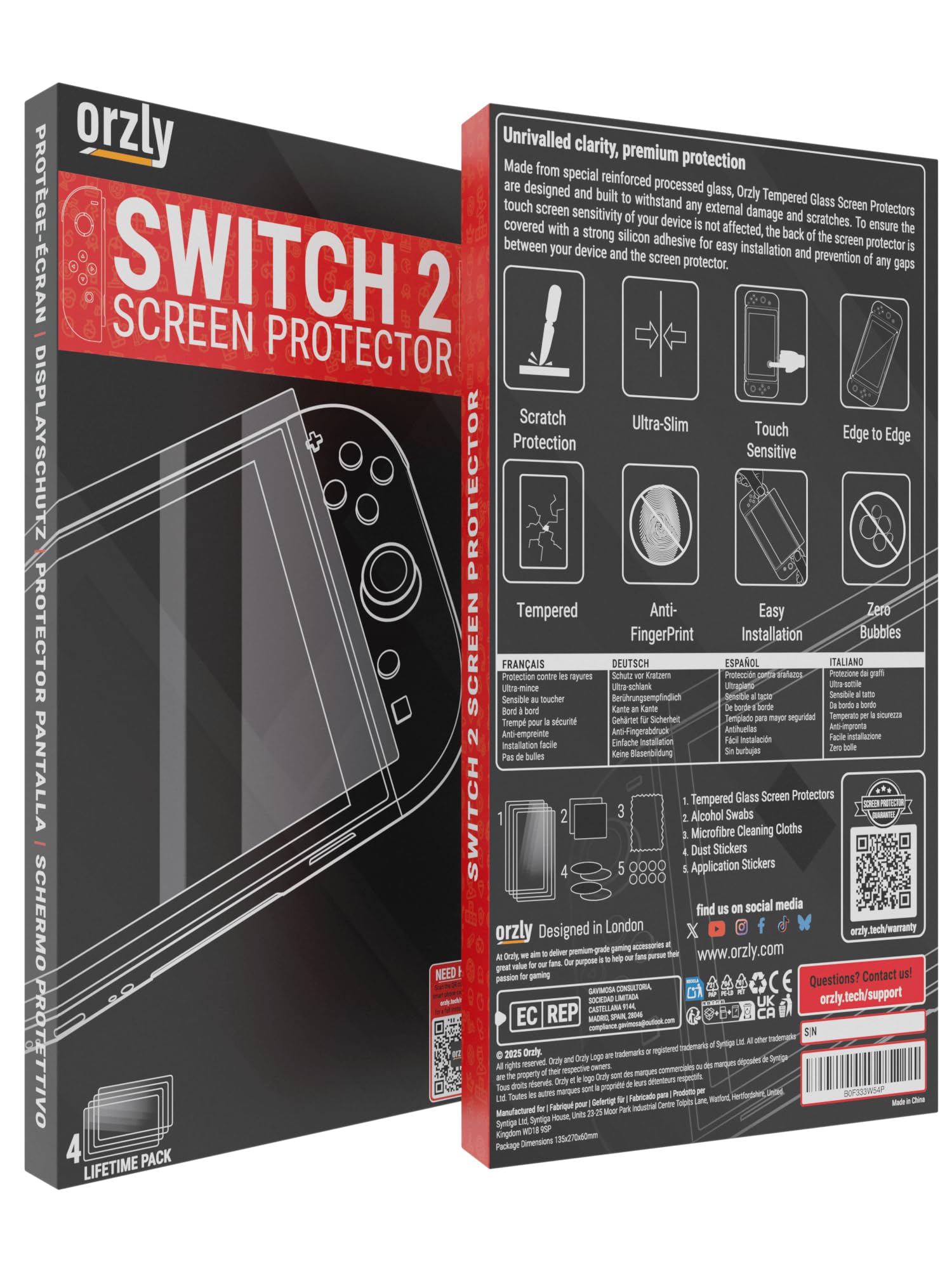Orzly glass screen protector for Nintendo Switch 2, 7.9-inch, 4-pack, anti-scratch, bubble-free, easy to install.