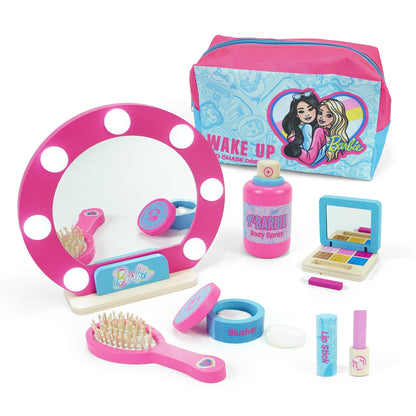 Barbie wooden toy makeup set with mirror, carry case, brush, lipstick, eyeshadow, blusher, body spray, and accessories for kids.