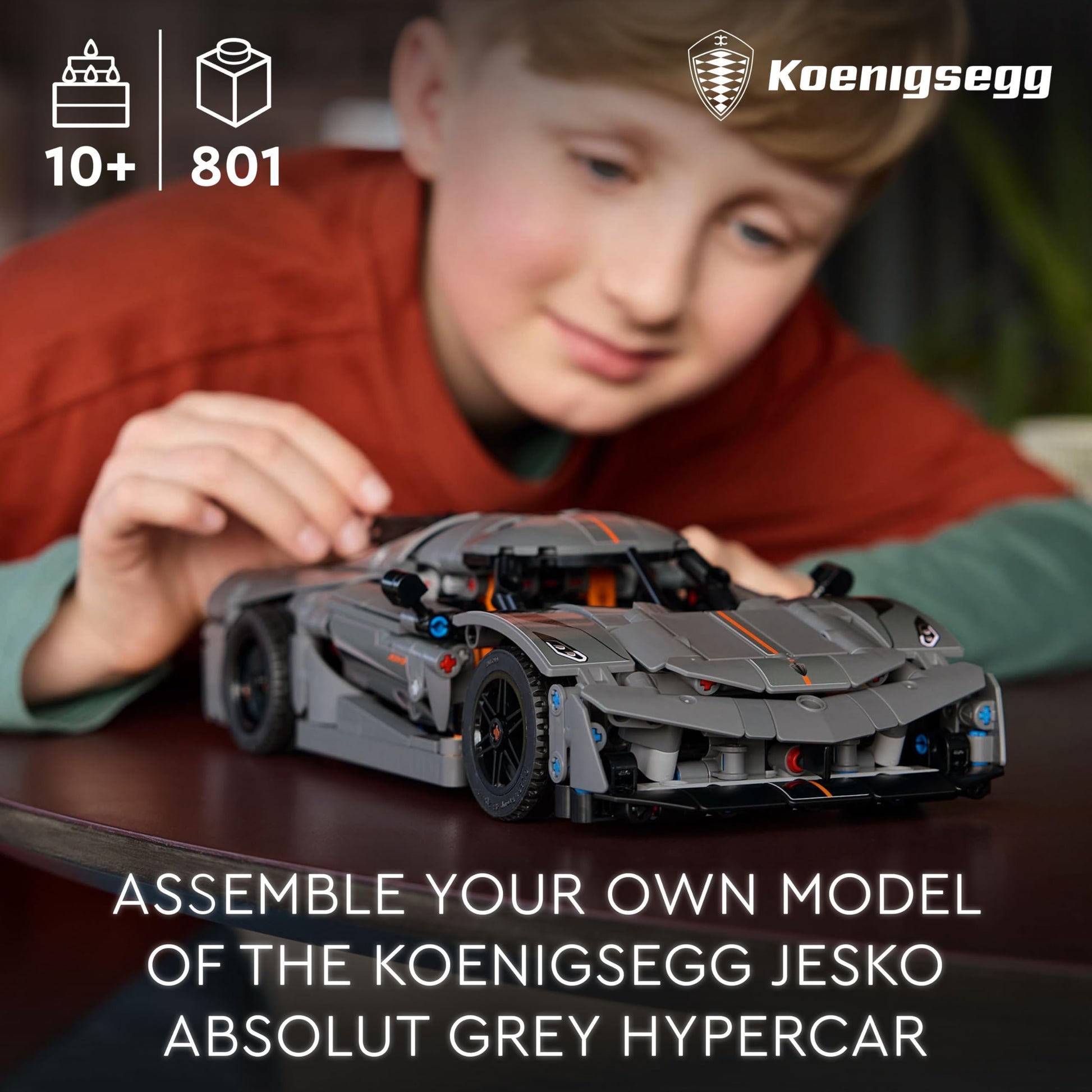 LEGO Technic Koenigsegg Jesko Absolut grey hypercar building toy with detailed design and moving parts for kids 10+.