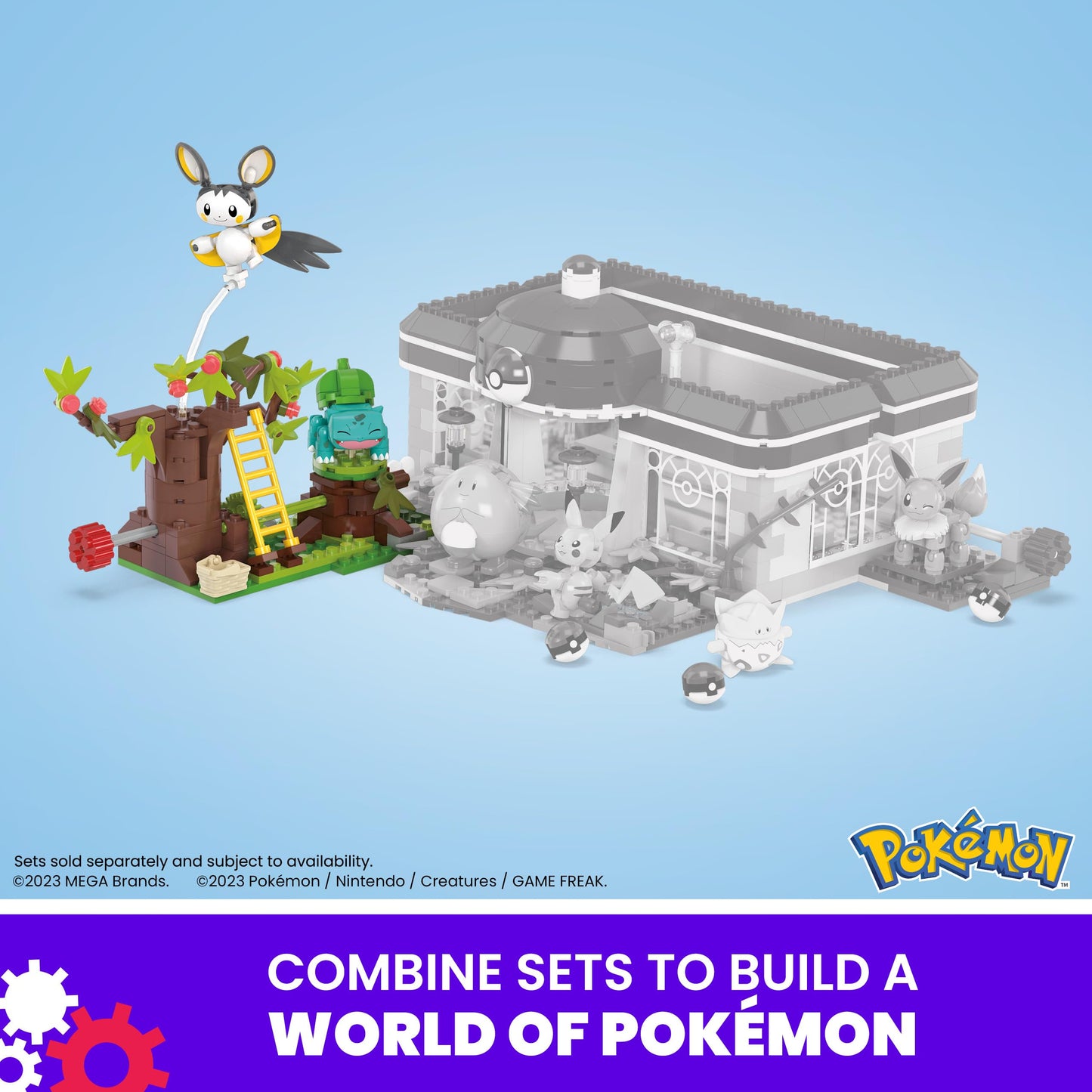 MEGA Pokémon Building Toys set featuring Emolga and Bulbasaur in a charming woods scene with 194 pieces and 2 poseable figures.