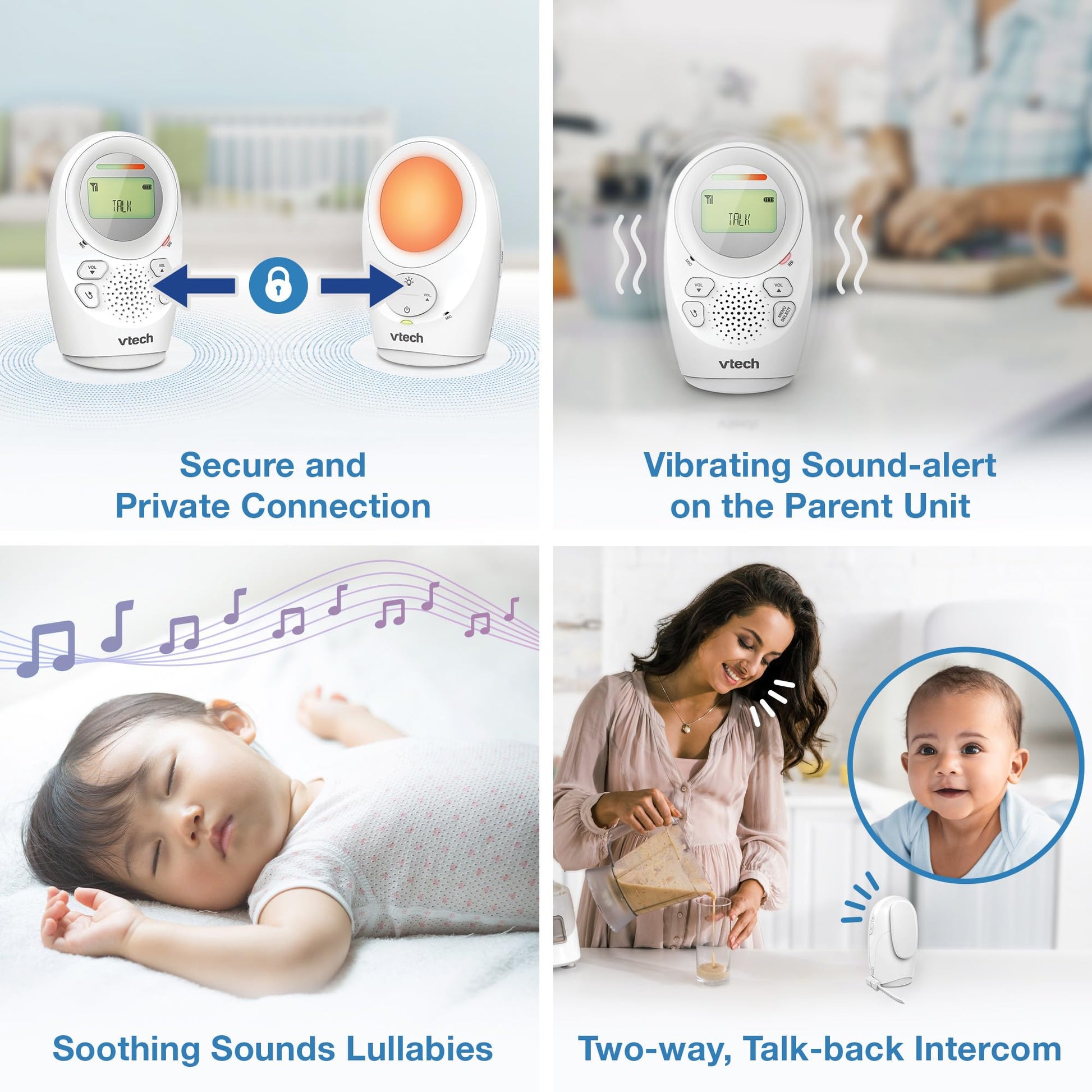VTech DM1211 audio baby monitor with long range, 2-way talk, noise level display, temperature sensor, soothing sounds, and belt clip