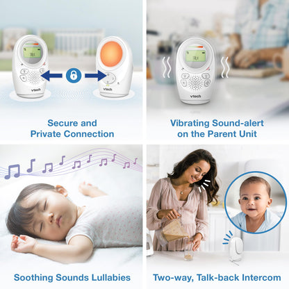 VTech DM1211 audio baby monitor with long range, 2-way talk, noise level display, temperature sensor, soothing sounds, and belt clip