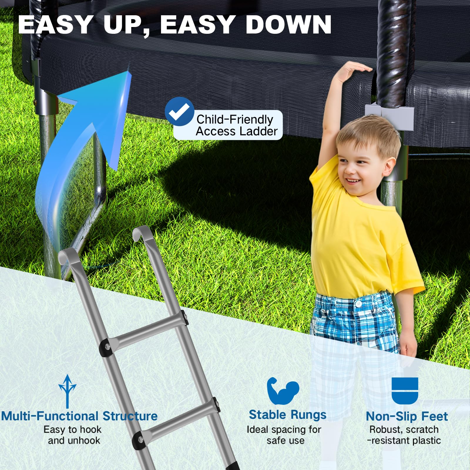 Devoko 10ft kids trampoline with safety net, reinforced steel frame, waterproof surface, suitable for children aged 6-12 years.