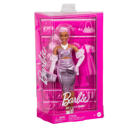 Barbie Deluxe Style Doll with pink hair, glossy pink dress, velvet gloves, and accessories, showcasing a Barbiecore outfit.