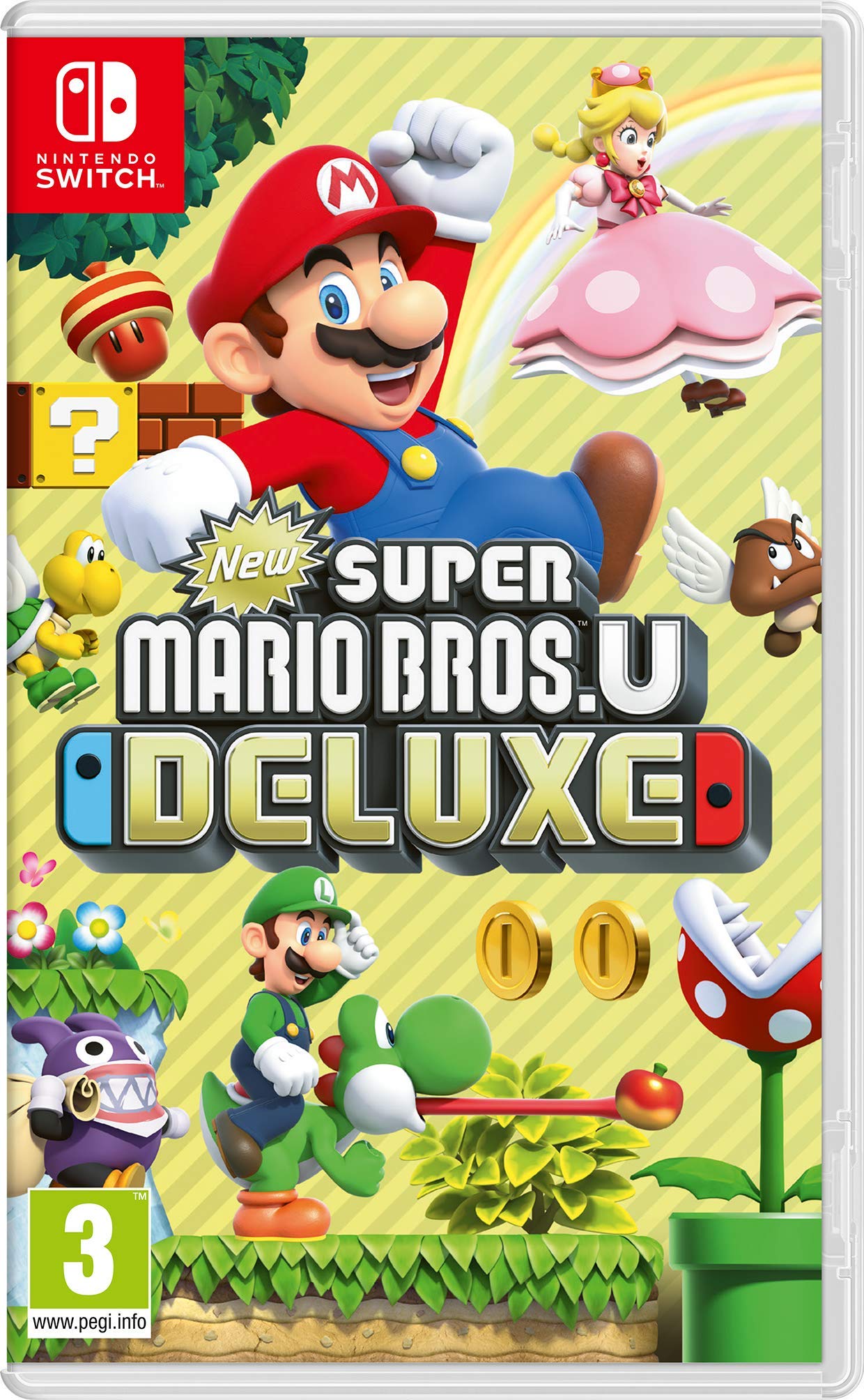 Nintendo Switch game case for New Super Mario Bros. U Deluxe, featuring Mario and colorful game artwork on the cover.