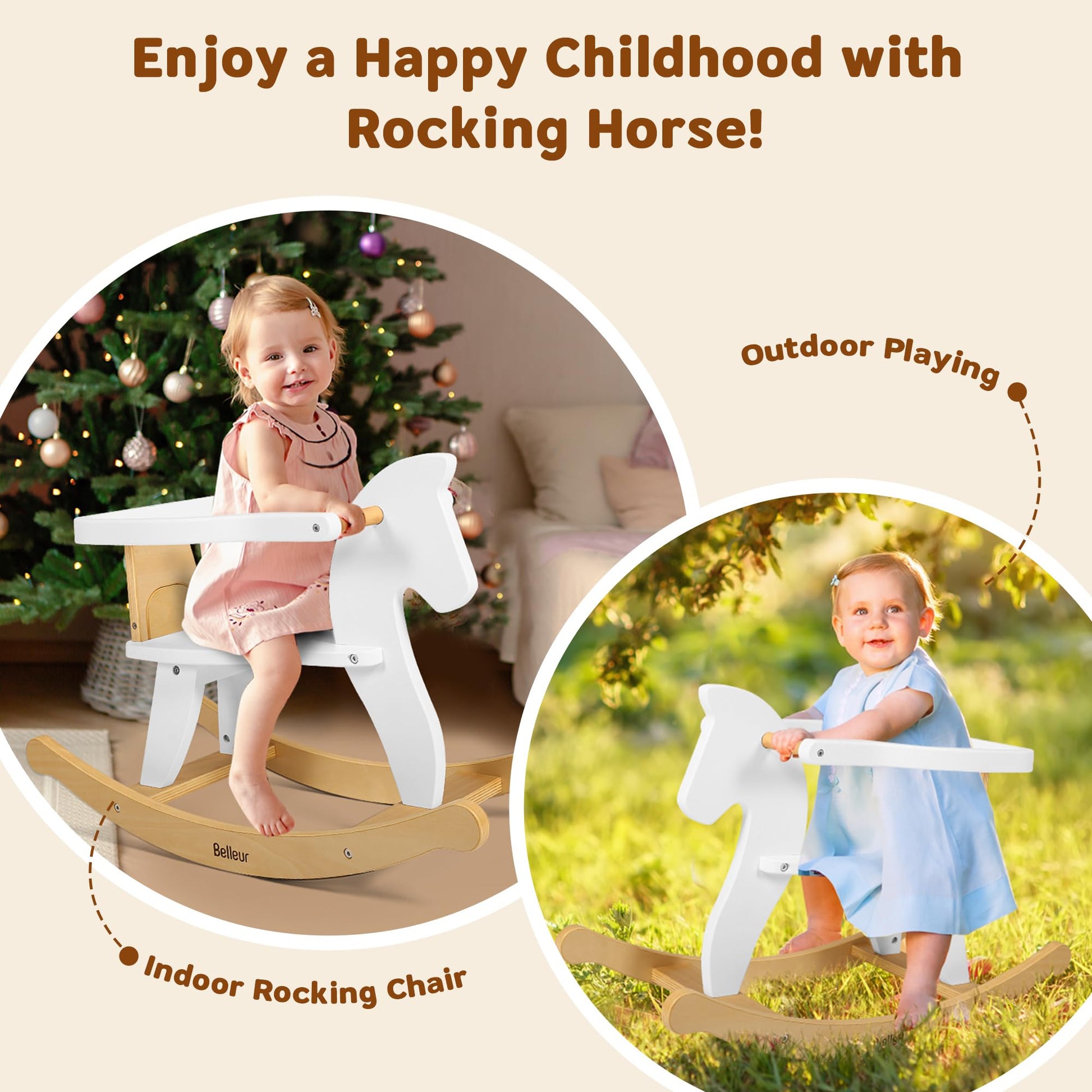 Belleur wooden rocking horse for kids aged 1-3, with removable fence, suitable for indoor and outdoor toddler riding and play.