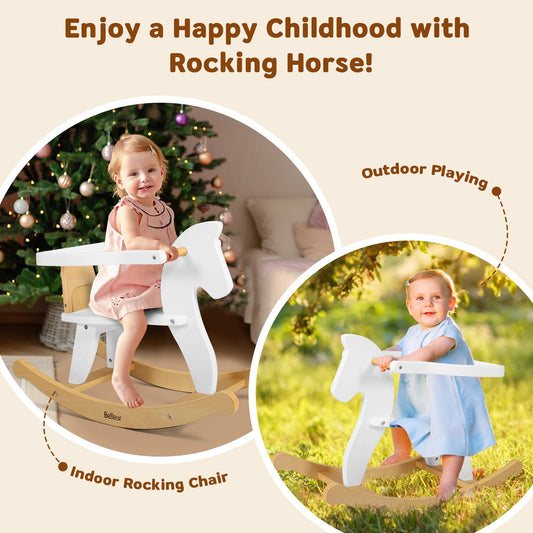 Belleur wooden rocking horse for kids aged 1-3, with removable fence, suitable for indoor and outdoor toddler riding and play.