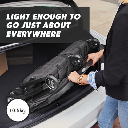 Baby Jogger City Tour 2 Double travel pushchair in pitch black, lightweight, foldable double buggy for easy portability and convenience.