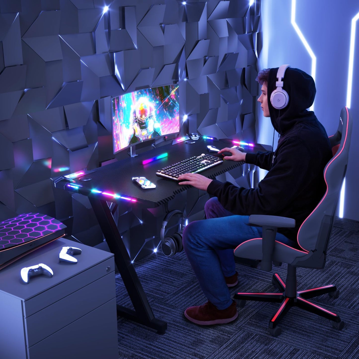JUMMICO 120 x 60 cm Gaming Desk with LED Lights, RGB Gaming Table Sturdy Computer Desk for Home Office and Gamers with Headphone Hook, Black