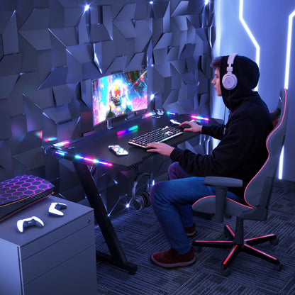 JUMMICO 120 x 60 cm Gaming Desk with LED Lights, RGB Gaming Table Sturdy Computer Desk for Home Office and Gamers with Headphone Hook, Black