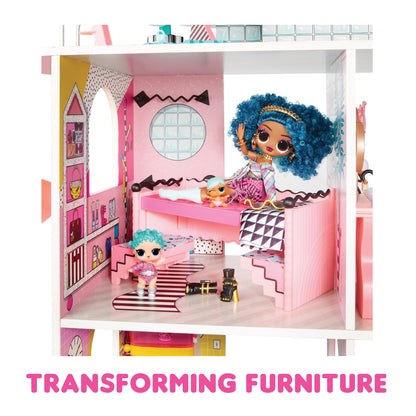L.O.L. Surprise! OMG Fashion House Playset showcasing a wooden dollhouse with a pool, slide, and rooftop patio.