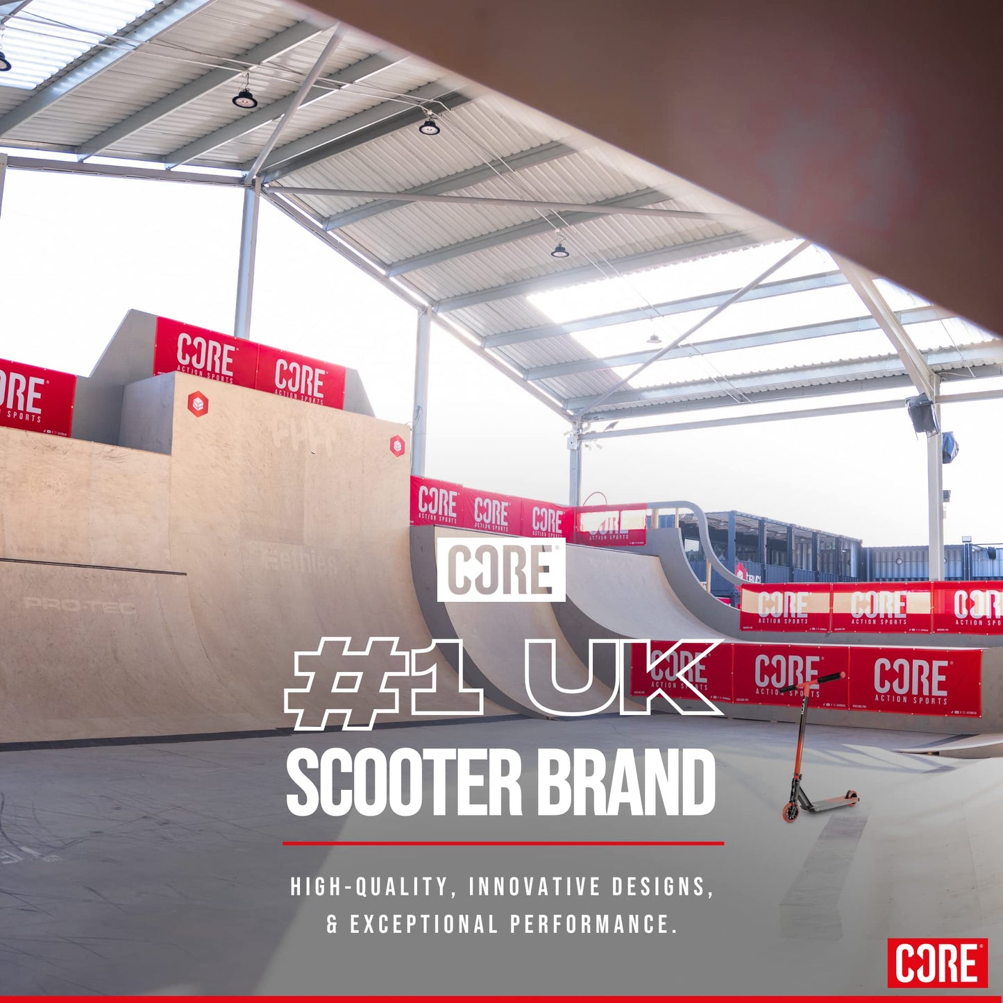Core CD1 stunt scooter in black and red, designed for kids and beginners, suitable for freestyle tricks and skatepark riding.