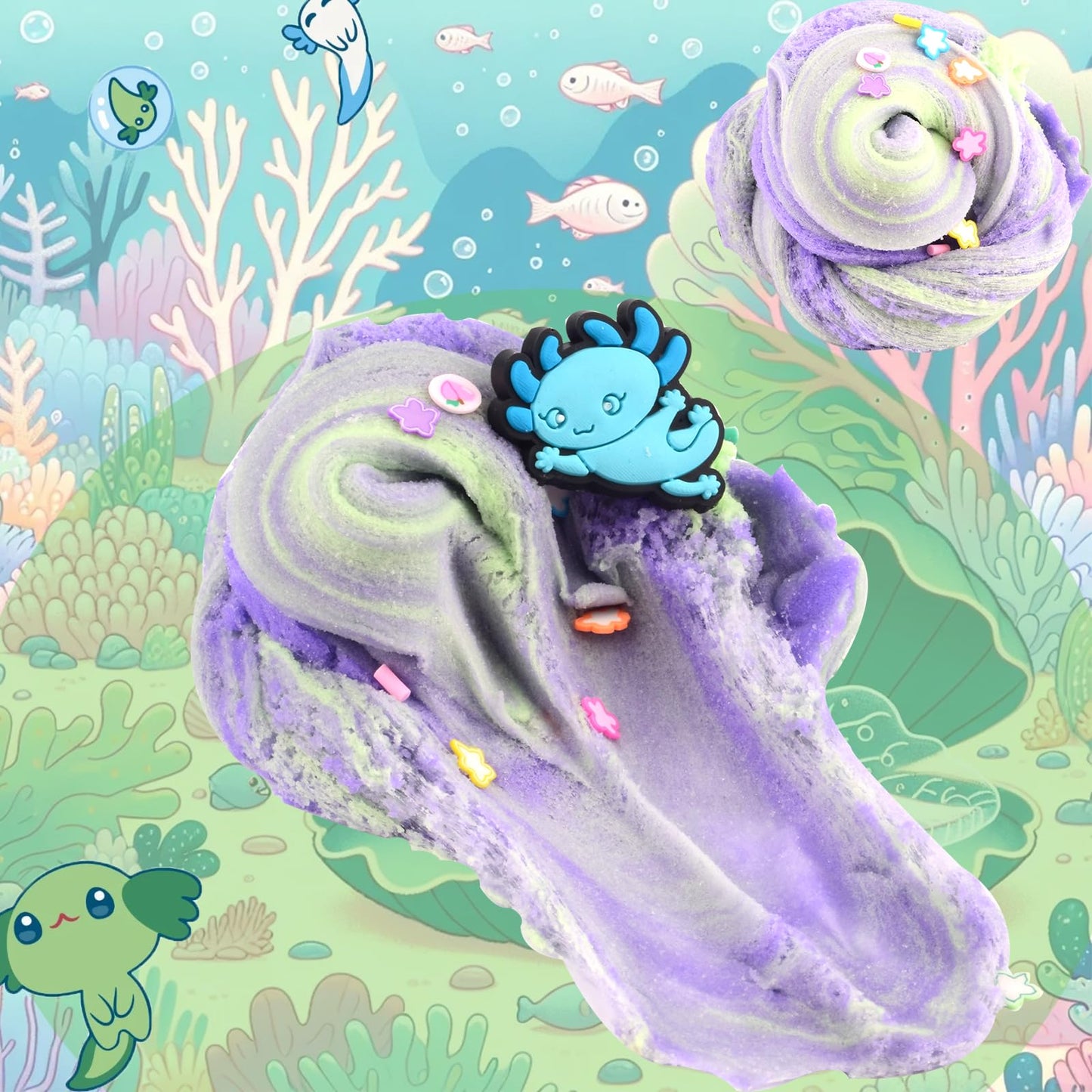 Six-pack Axolotl slime kit featuring blue crystal slime and butter cloud dough, ideal for kids ages 8-12, party favors, and birthday gifts.