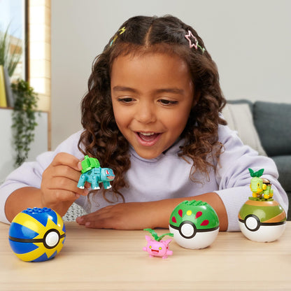 MEGA Pokémon building toys set featuring 4 poseable grass-type trainer characters, 118 pieces for creative play.