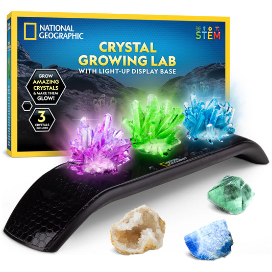 Blue Marble National Geographic crystal growing kit with vibrant crystals, light-up stand, gemstone specimens, geode, and fluorite.