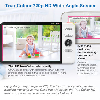 VTech VM919HD baby monitor with 7-inch HD display, 360° pan and tilt camera, night vision, wide-angle view, and long-range video streaming