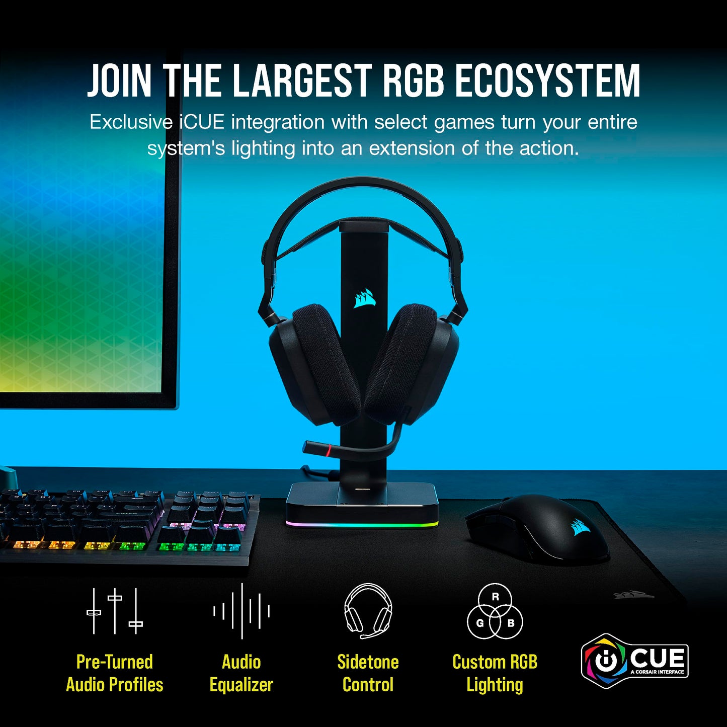 Corsair HS80 RGB Wireless gaming headset with Dolby Atmos, omni-directional mic, iCUE compatible, in carbon color, on a gaming setup