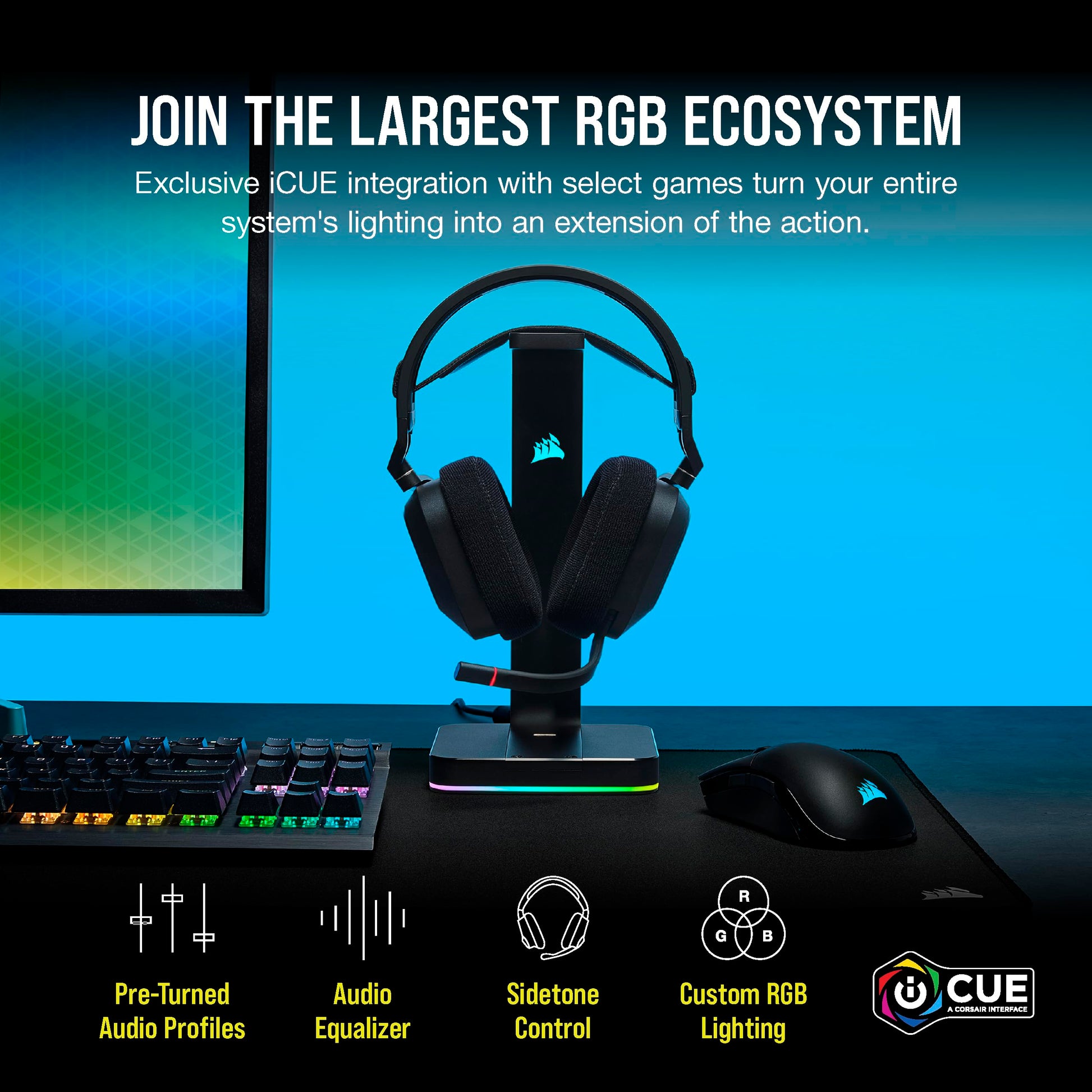 Corsair HS80 RGB Wireless gaming headset with Dolby Atmos, omni-directional mic, iCUE compatible, in carbon color, on a gaming setup