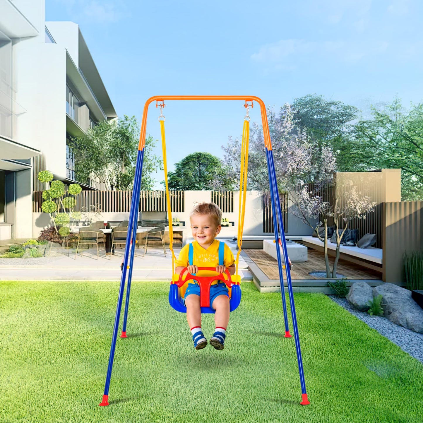 VEVOR Swing Sets for Backyard, 3-in-1 Toddler Swing Set with 4 Sandbags, Foldable Metal Stand, Easy to Assemble, Swingset Indoor/Outdoor for Kids Aged 3+