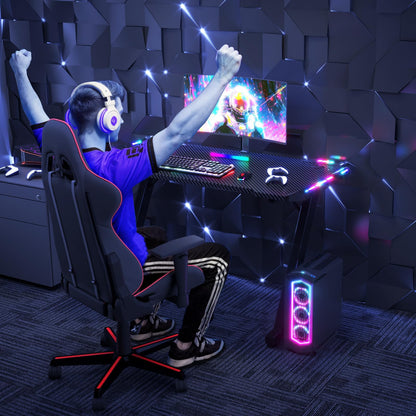 JUMMICO 120 x 60 cm Gaming Desk with LED Lights, RGB Gaming Table Sturdy Computer Desk for Home Office and Gamers with Headphone Hook, Black