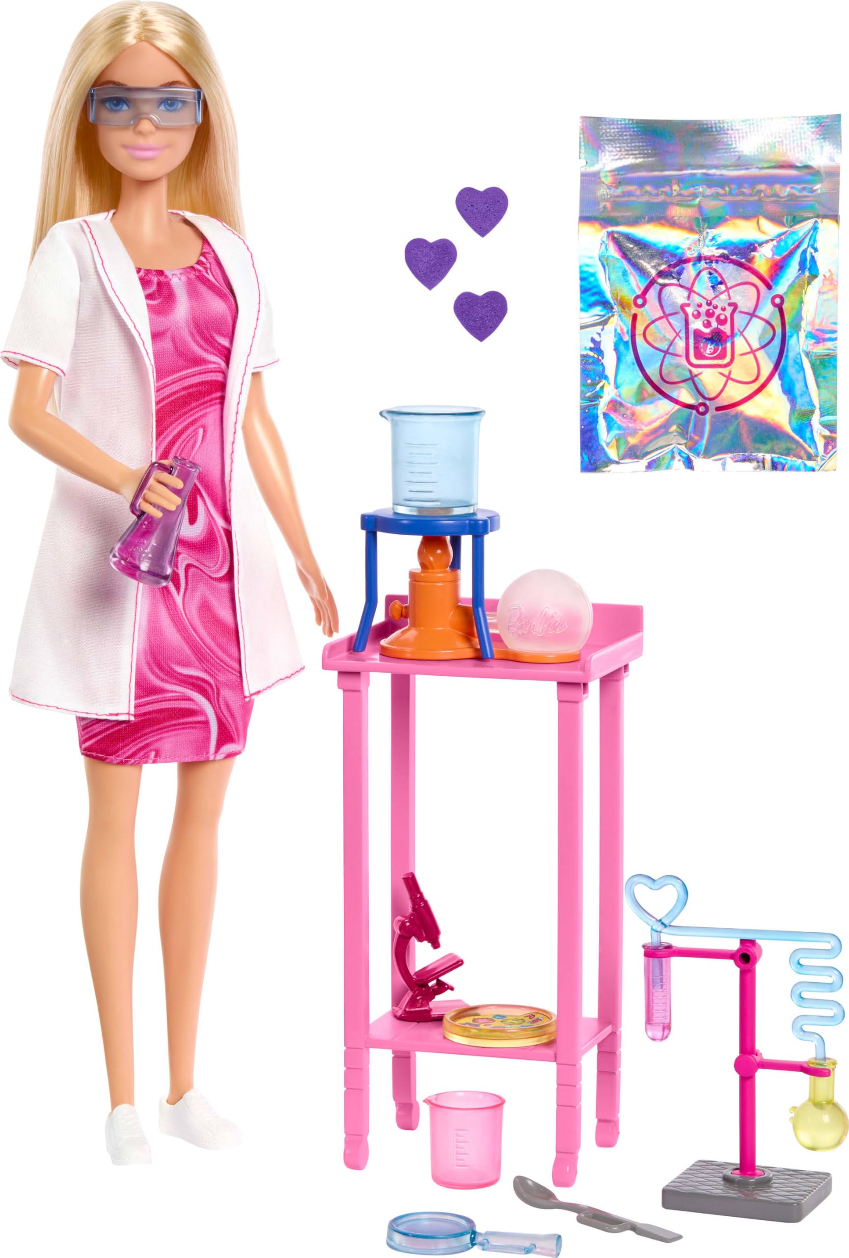 Barbie Scientist Doll with blonde hair, lab table, microscope, color-change beaker, and petri dish accessories, JCR70.