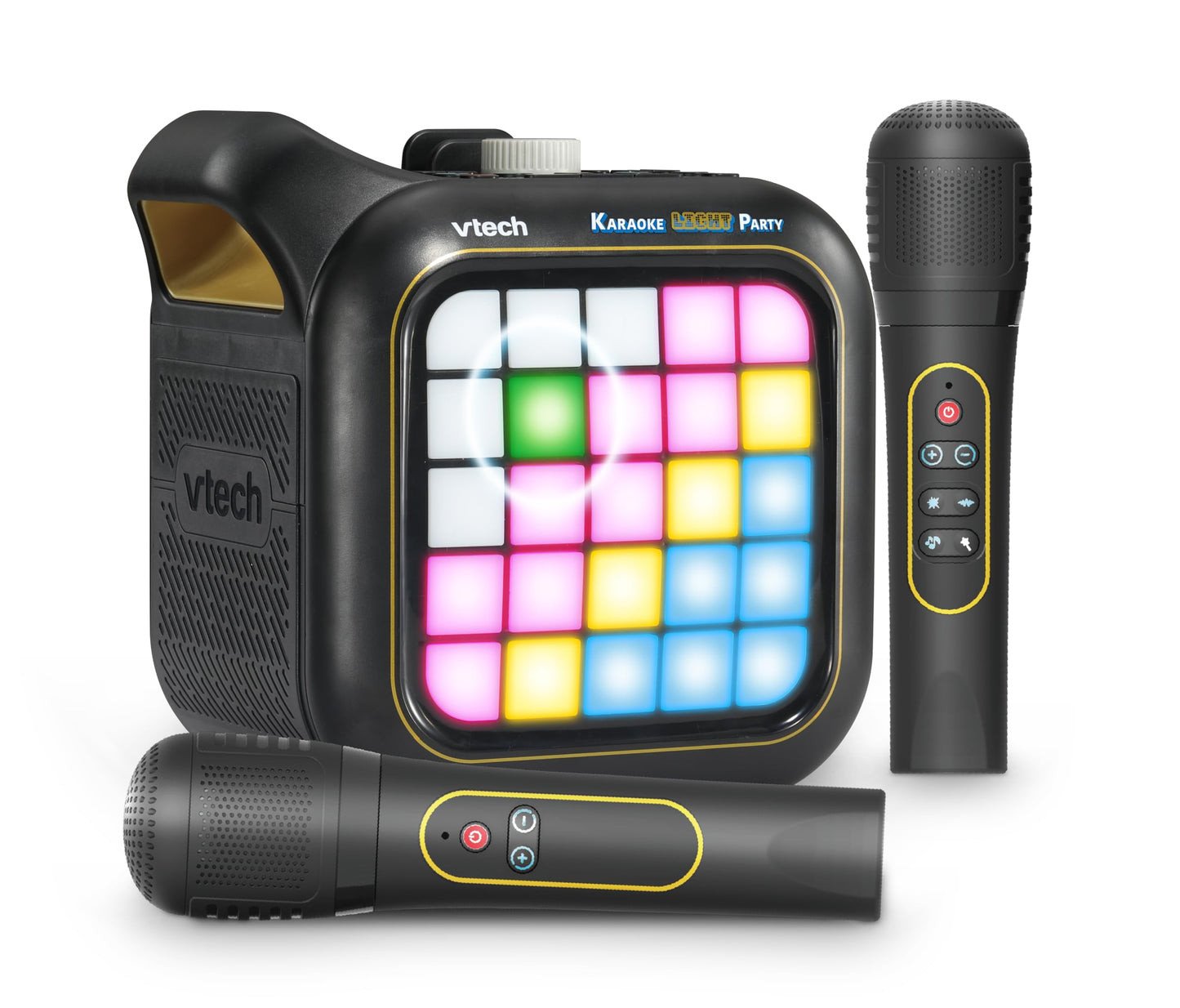 VTech Karaoke Light Party machine with two wireless microphones, Bluetooth speaker, colorful light show, and built-in games.