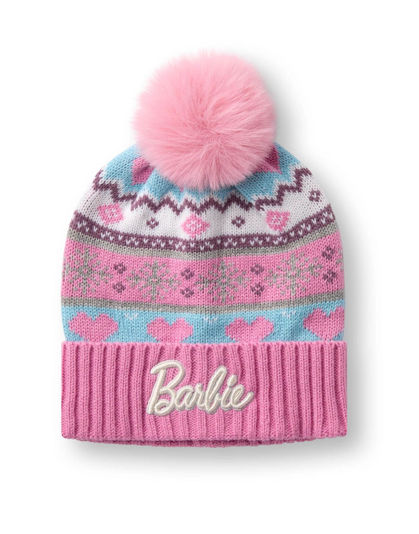 Barbie pink Fair Isle beanie and gloves set for girls, featuring cozy winter knit design, perfect for cold weather.
