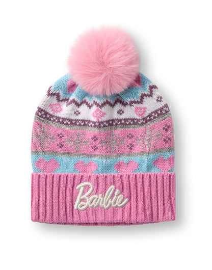 Barbie pink Fair Isle beanie and gloves set for girls, featuring cozy winter knit design, perfect for cold weather.