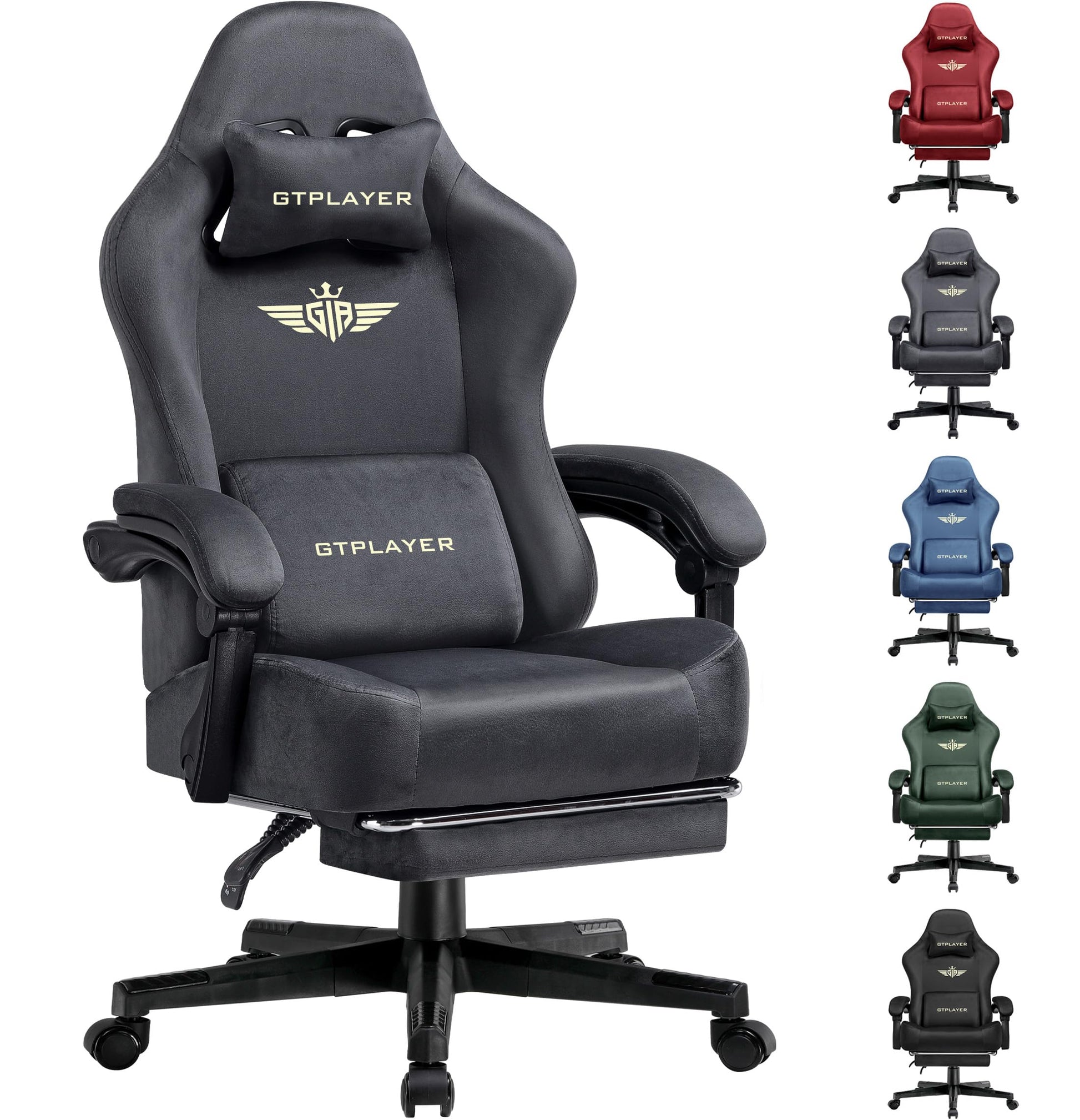 GTPLAYER fabric gaming chair with ergonomic design, adjustable height, lumbar support, footrest, headrest, and 360° swivel.
