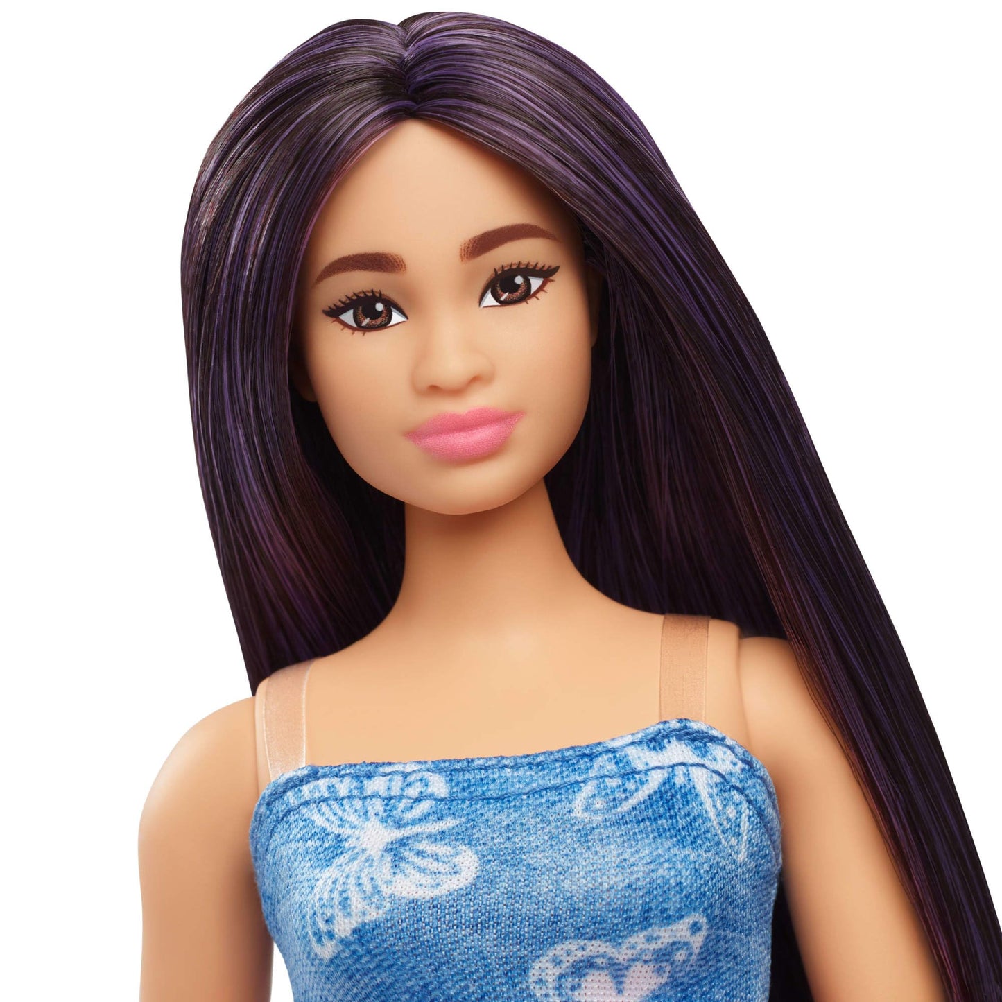 Barbie Fashionistas Doll #231 with purple hair in a butterfly-print dress, pink belt, and stylish boots.