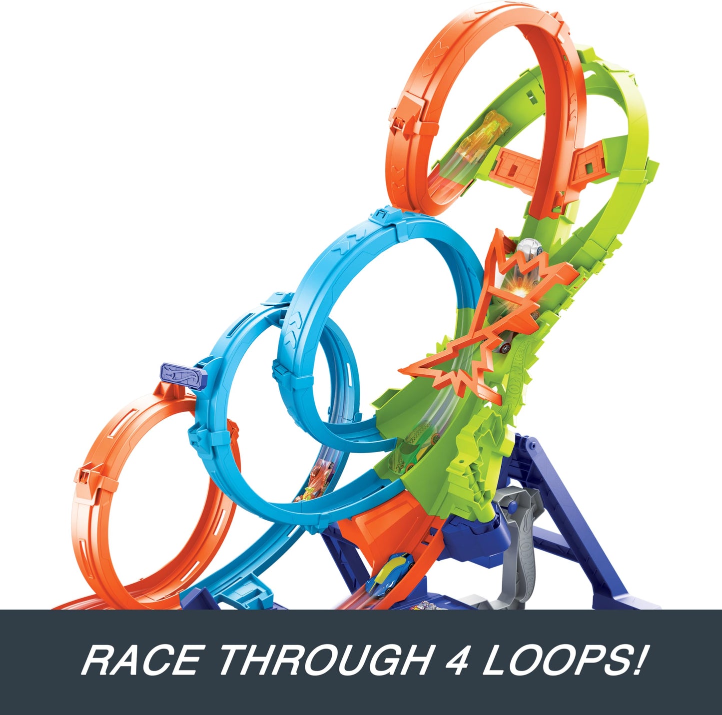 Hot Wheels track set featuring 4 loops, 3-way crash zone, motorized booster, and included 1:64 scale toy car.