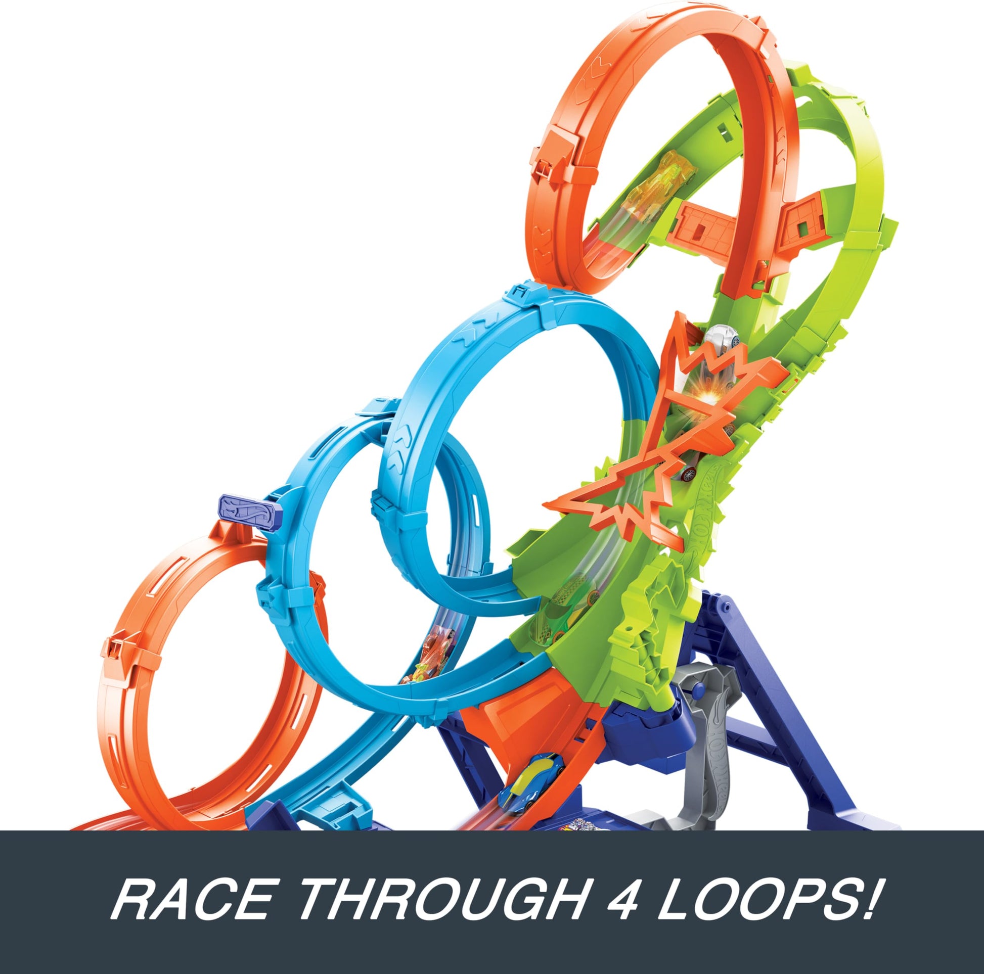 Hot Wheels track set featuring 4 loops, 3-way crash zone, motorized booster, and included 1:64 scale toy car.