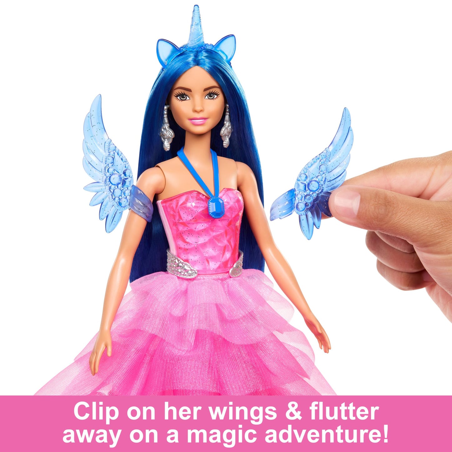 Barbie 65th Anniversary unicorn doll with blue hair, pink gown, sapphire wings, and pet alicorn on display.