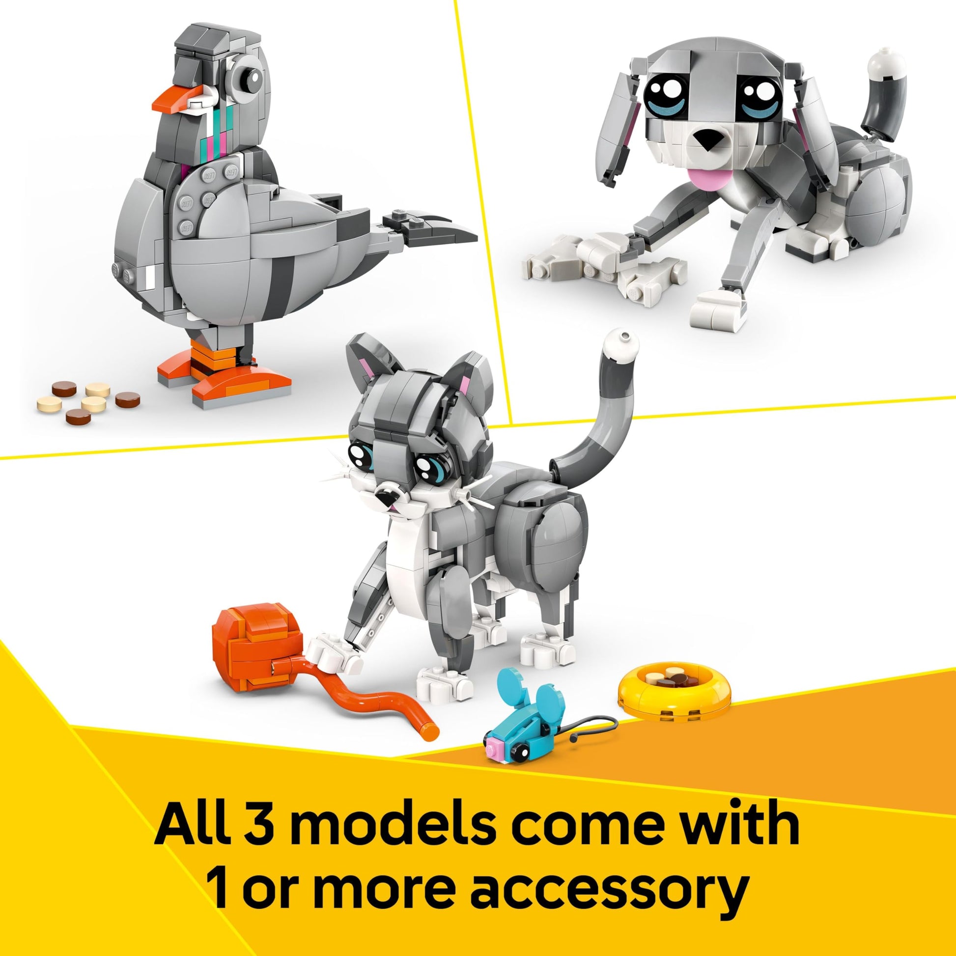 LEGO Creator 3in1 playful cat toy, featuring a transformable animal figure into a pigeon or pet dog model.