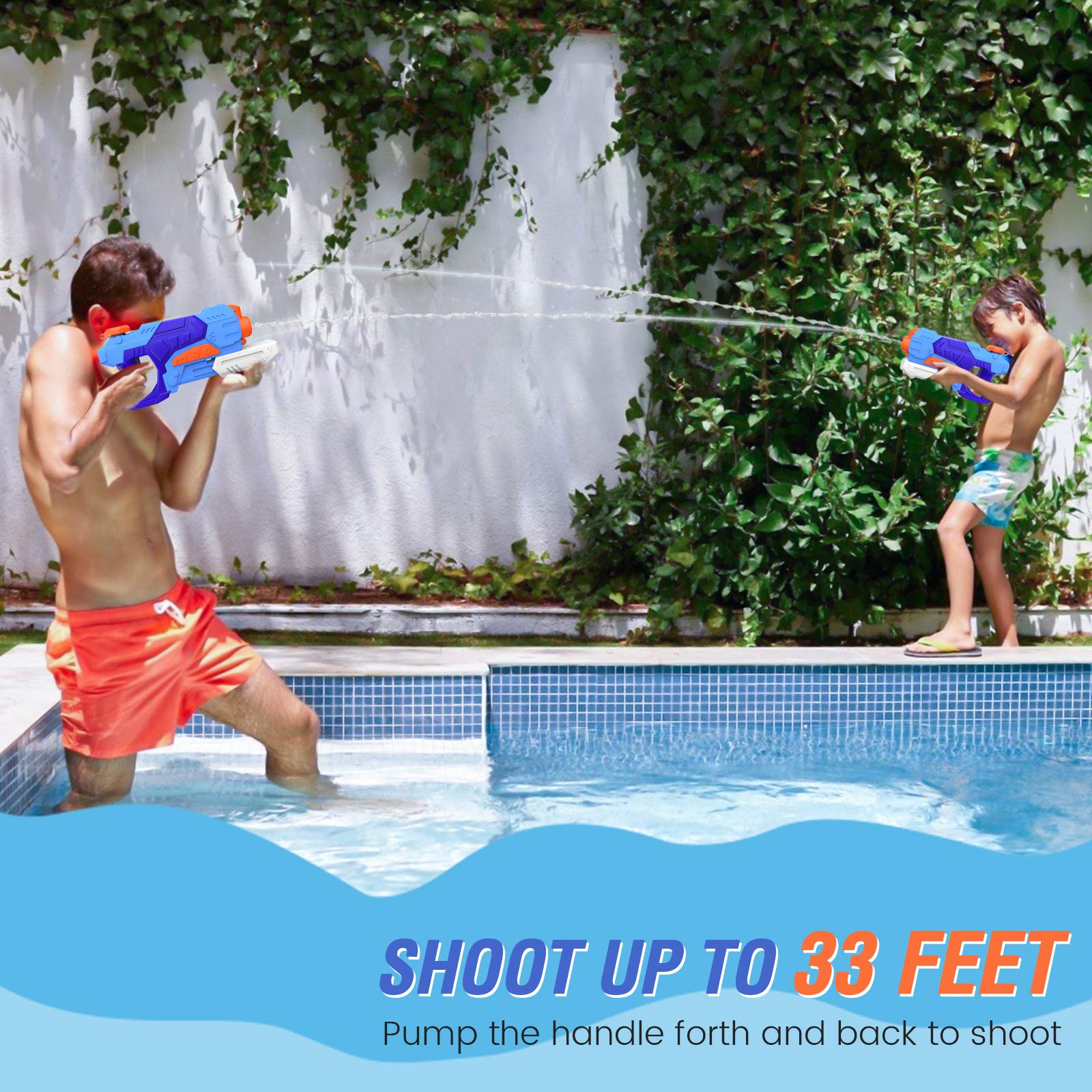 Kiztoys water gun toys for kids, 2-pack with large 1200ML capacity and 33ft range, ideal for summer water play in garden or beach.