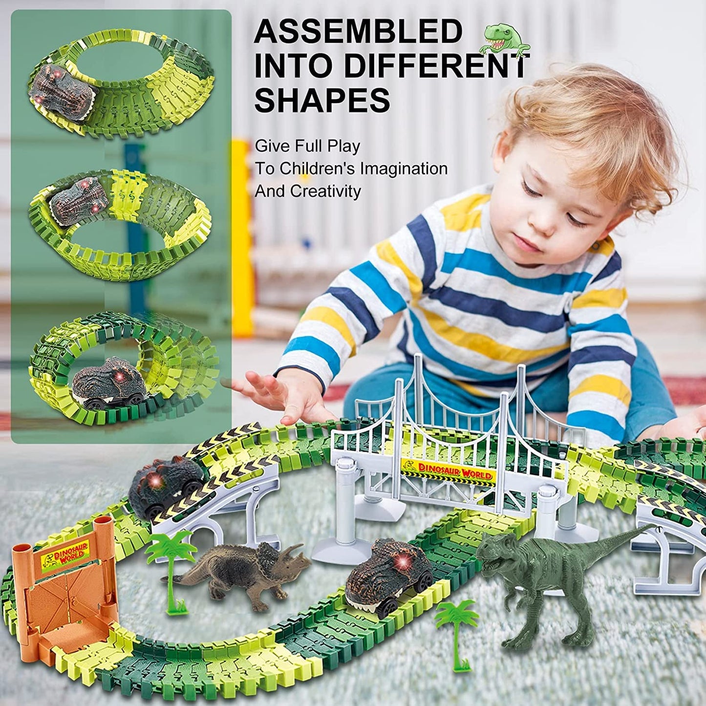 Dinosaur Race Track Toys,Create A Dinosaur World Road Race for Kids Toys,Flexible Track Playset and 2 Cool Dinosaurs Car for 3 4 5 6 7 8 Year Old Boys Girls Gift