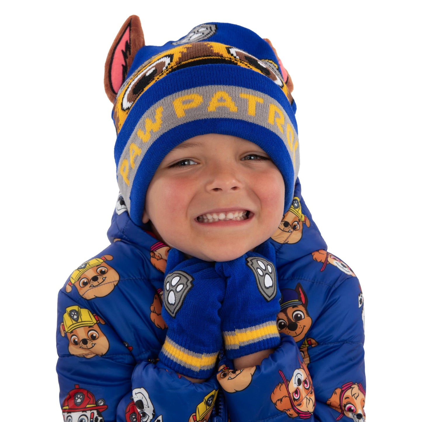 Paw Patrol Hat And Gloves Set For Kids, Chase Boys Hat And Gloves Set With 3D Ears, Blue, One Size