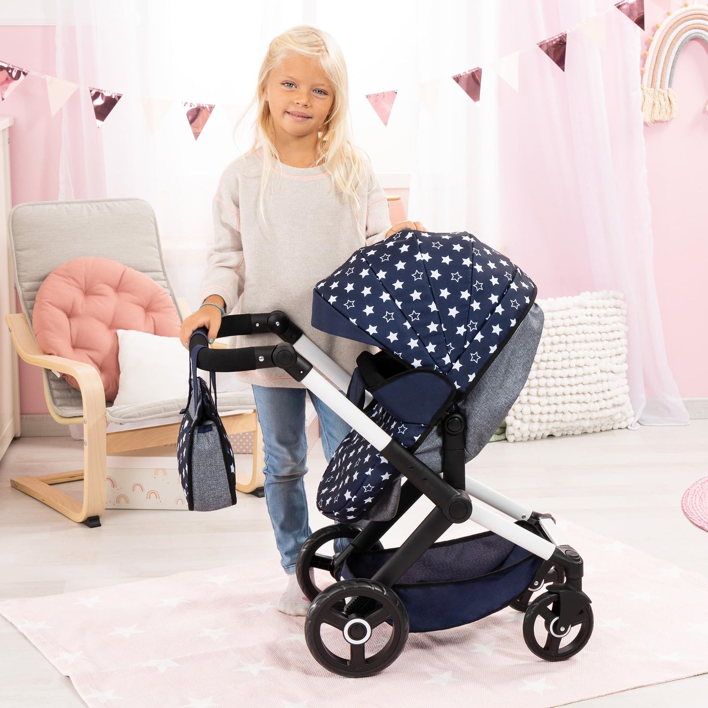 Bayer Baby Dolls Pram XEO in navy blue with white stars, convertible doll stroller, carrycot, changing bag, adjustable handle for girls