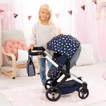 Bayer Baby Dolls Pram XEO in navy blue with white stars, convertible doll stroller, carrycot, changing bag, adjustable handle for girls