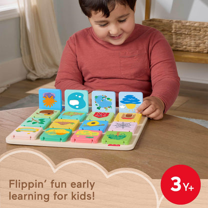 Fisher-Price Wood Preschool Toy Lift & Reveal Board showing colorful animal and object flaps for early learning play for kids 3+ years