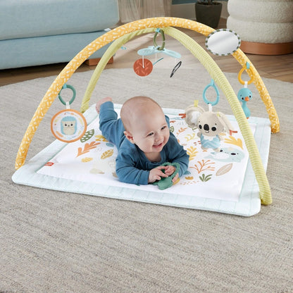 Fisher-Price Baby Playmat Simply Senses newborn gym with colorful mobile and sensory toys for developmental play for ages 0+ months.