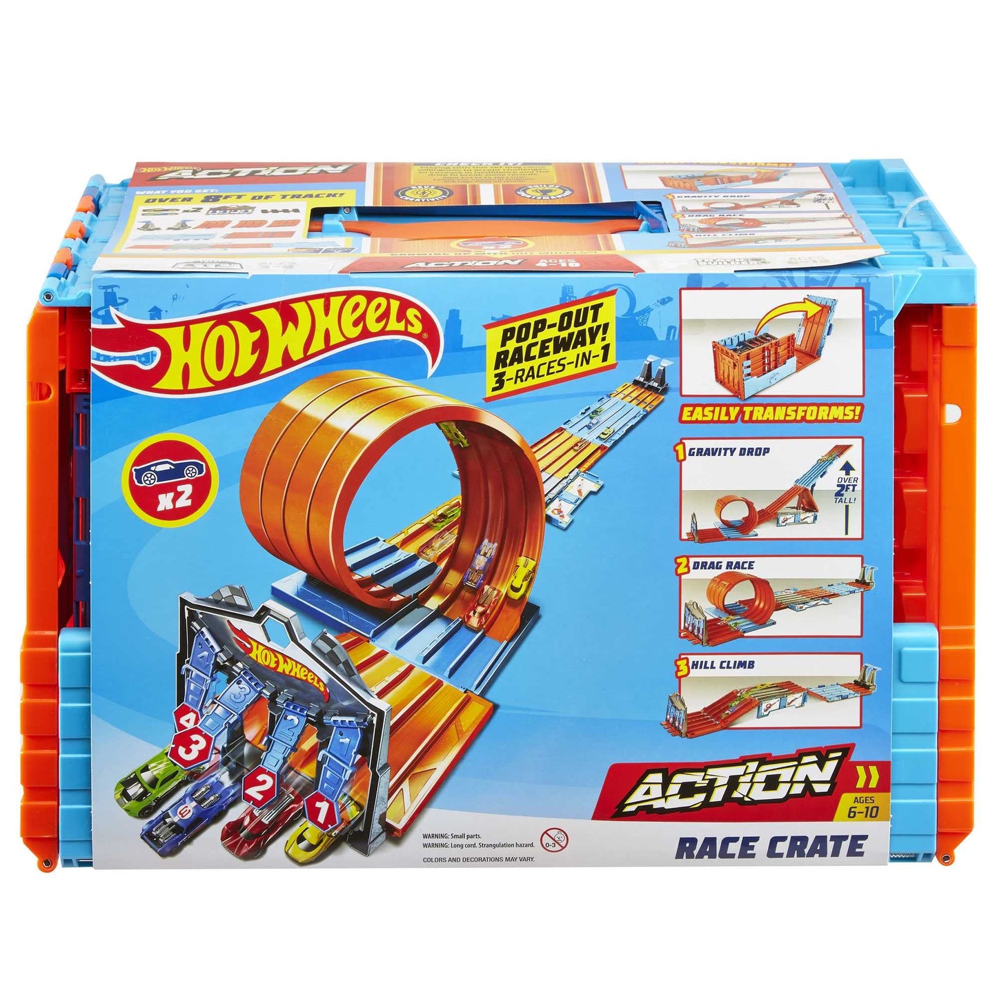 Hot Wheels Race Crate with 3 Stunts in 1 Set, 8+ feet of Race track, Includes 2 Hot Wheels cars, Portable Storage, Gift Set Ages 6 to 10,‎ GKT87