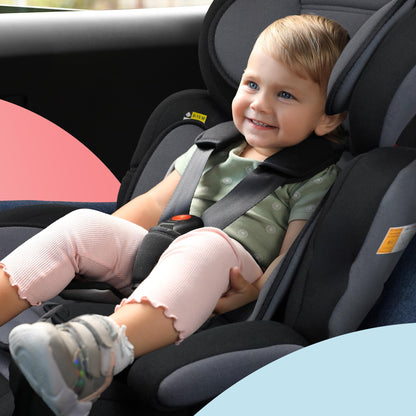 Kidoola Adjustable Car Seat for Toddlers & Children - Safety Certified Booster Seat, Padded & Comfortable with 3 Adjustable Age Functions & Straps, Up to 12 Years - ECE R44/04 (Grey & Black)