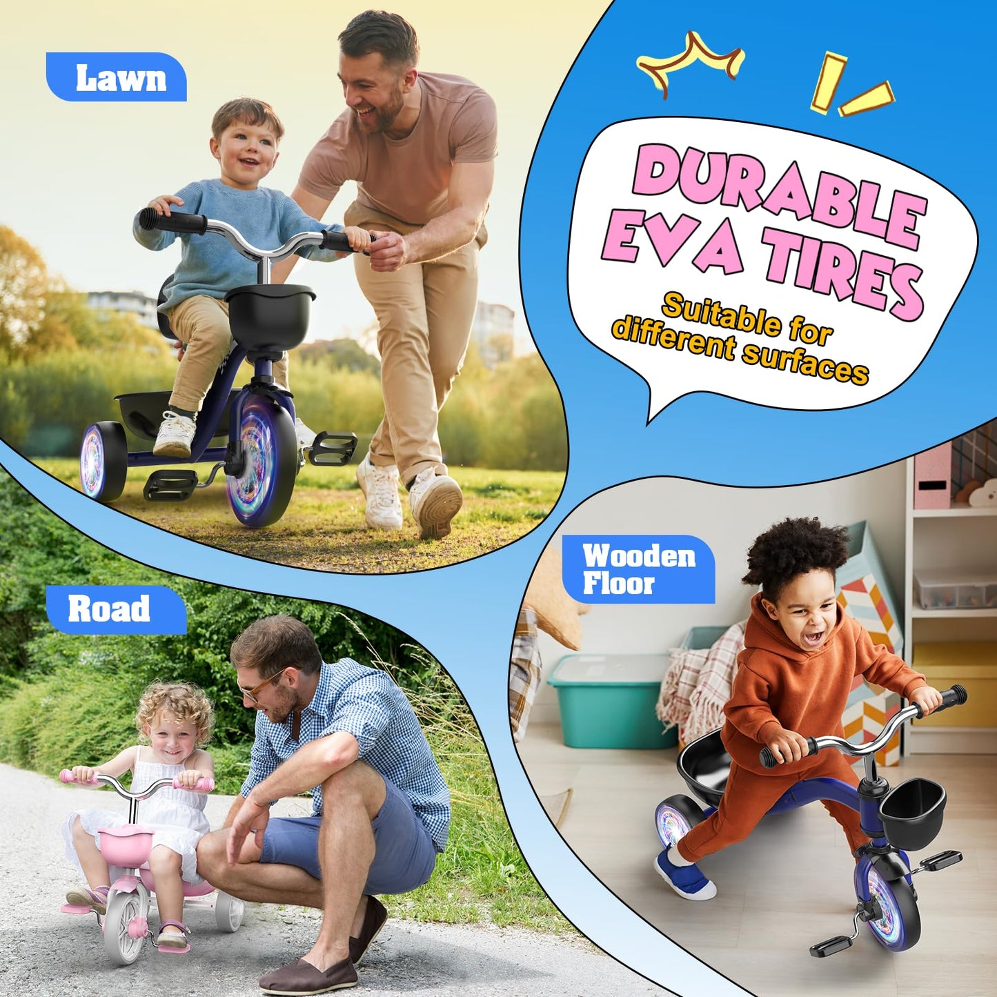 HappyGoLucky Pink Tricycles Toys for 2-5 Year Old Girls Gifts, Balance Bike 2 3 4+ 5 Year Old with 3 Colorful Lighting Wheels & Adjustable Seat, Baby Toddler Kids Cycle Trikes Bike Girls Toys Age 2-5