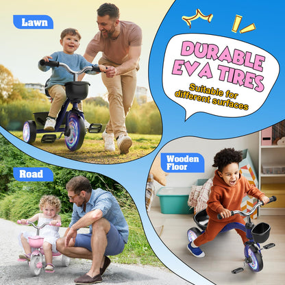 HappyGoLucky Pink Tricycles Toys for 2-5 Year Old Girls Gifts, Balance Bike 2 3 4+ 5 Year Old with 3 Colorful Lighting Wheels & Adjustable Seat, Baby Toddler Kids Cycle Trikes Bike Girls Toys Age 2-5