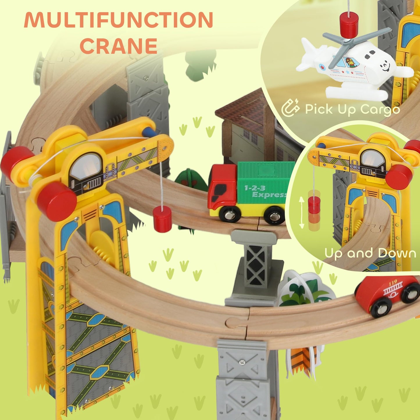 AIYAPLAY wooden train set with 100 pieces including tracks, crane, bridge, and helicopter for kids aged 3+ STEM toy