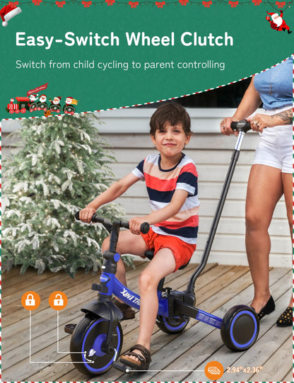 besrey 5-in-1 toddler tricycle in blue with adjustable seat, removable pedals, and parent steering push handle.