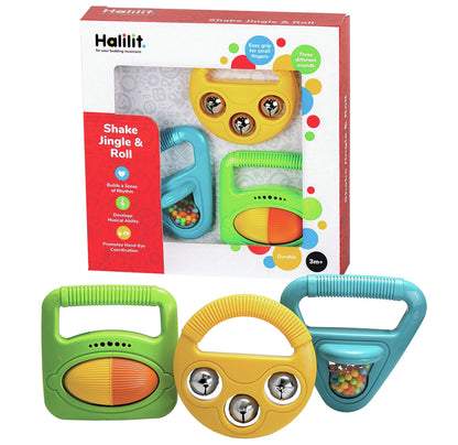 Halilit Musical Baby Shapes Musical Instrument Gift Set. Shaker Maraca, Ring my Bell and Rattle Roller. 3 Brightly Coloured, Durable, Sensory Music Toys. Suitable infants Boys & Girls 3 Months +