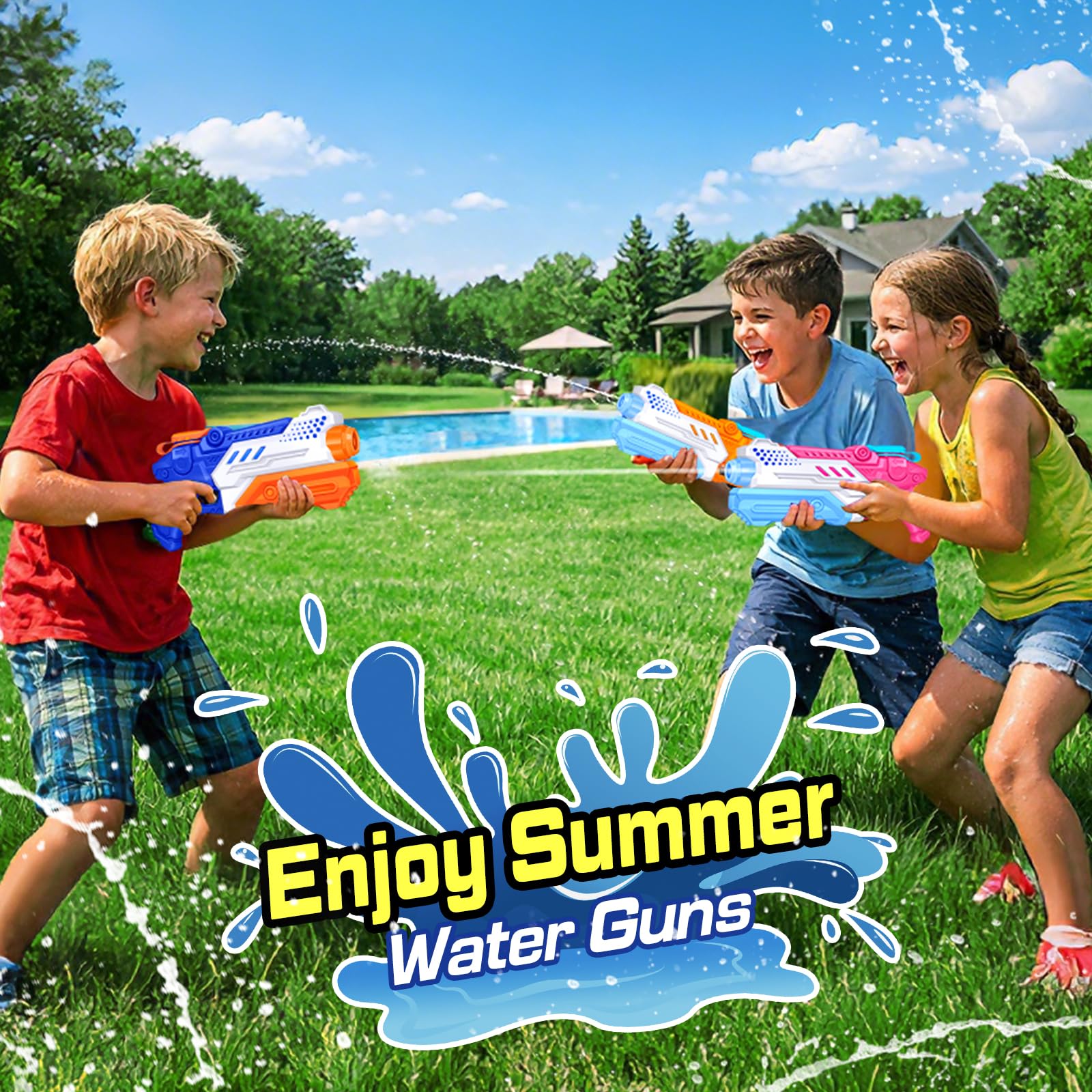 RONSTONE 4 pack water guns for kids and adults, with 300ml capacity and 25-30 ft range, ideal for outdoor pool and garden fun.