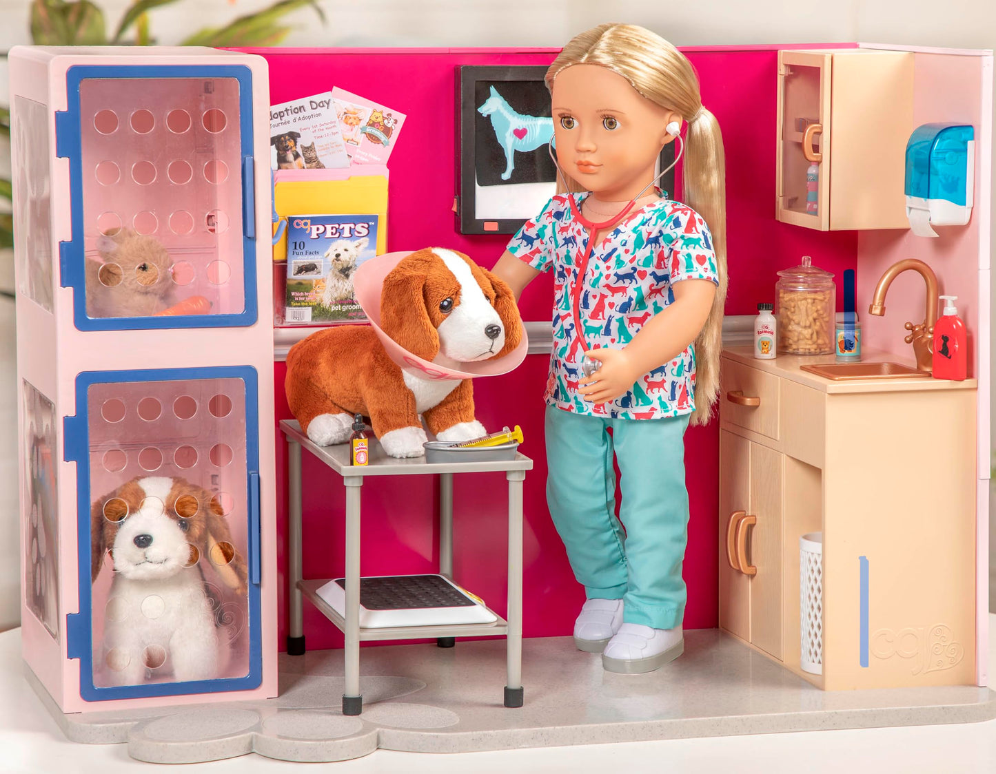 Our Generation Healthy Paws Vet Clinic playset for 18-inch dolls, featuring a pink veterinary clinic and accessories.